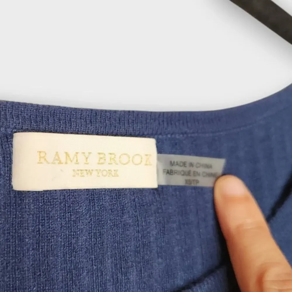 Ramy Brook Kimila Navy Rib Knit Cutout Sleeve Sweater Top Boat Neck Womens XS